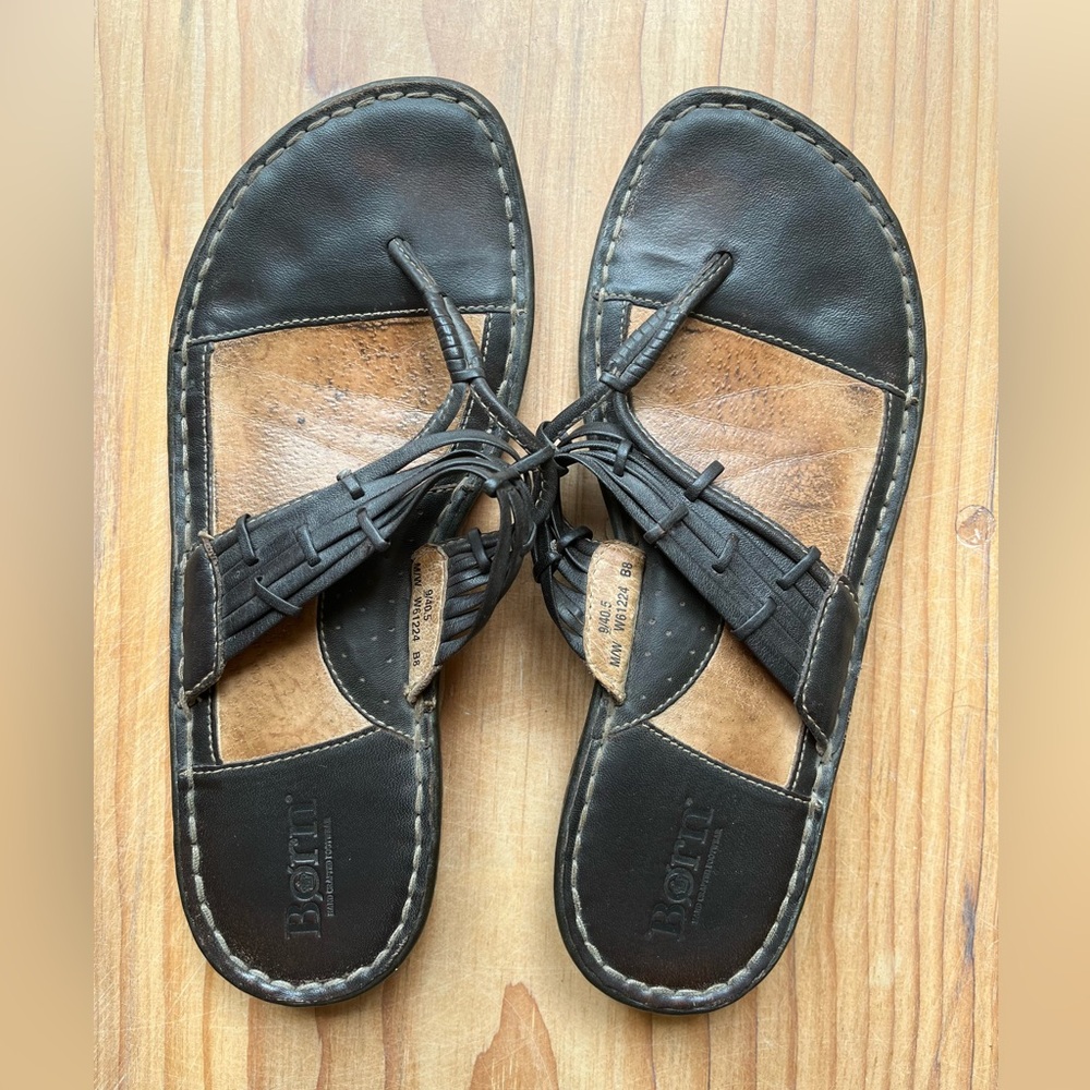 Vintage Black Born Leather Sandals Flip Flops Boho